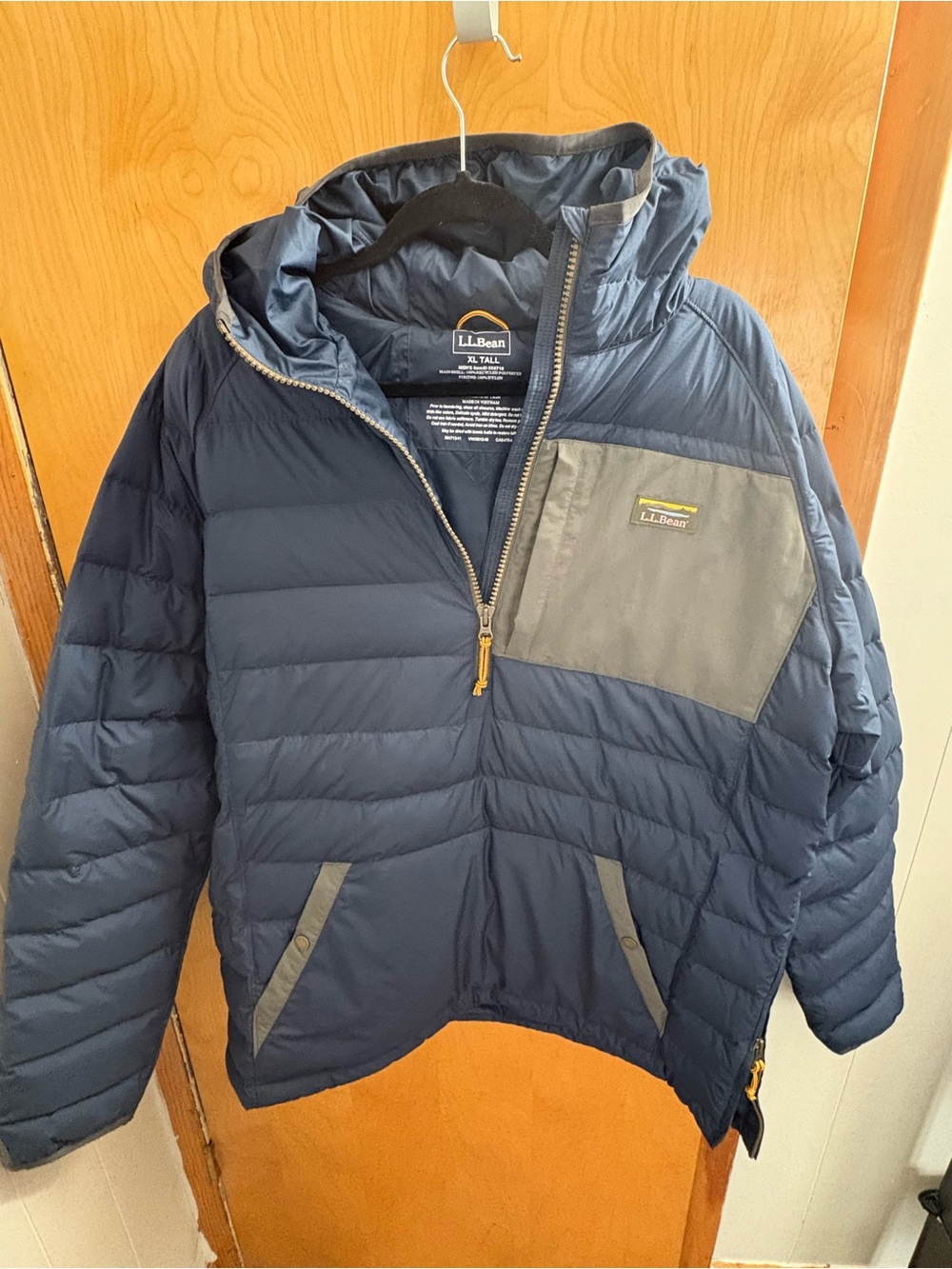 L.L. Bean Navy Quilted Half-Zip Puffer with Gray Chest Pocket
